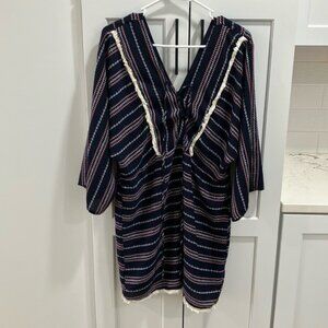 Beulah Style Women’s Red White Navy Striped Bohemian Lace Long Sleeve Midi Dress